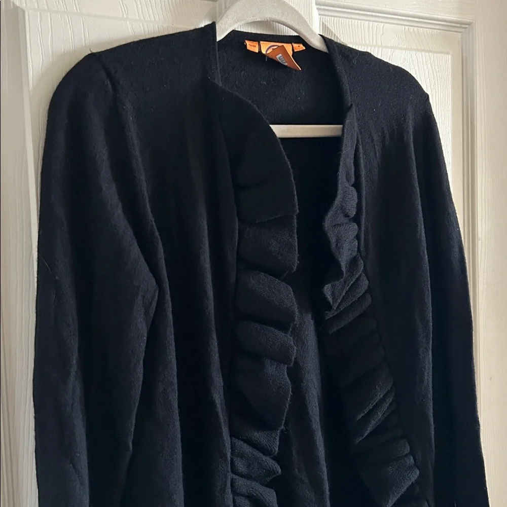 Tory Burch Black Merino Wool Ruffle Trim Open‎ Front Cardigan Sweater Sz Med